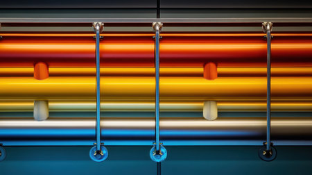 This image features a striking arrangement of colorful pipes mounted on an industrial wall, showcasing vibrant hues and a modern aesthetic ideal for creative inspirations in design and architecture.の素材