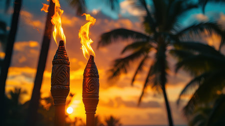 Experience a serene tropical sunset featuring tiki torches with flames, framed by silhouetted palm trees, creating a picturesque and tranquil atmosphere.の素材