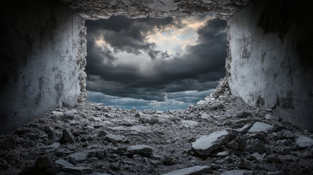 A captivating view of a ruined structure revealing a dramatic sky filled with clouds. The rubble and concrete create an atmosphere of decay and isolation, evoking deep emotions.の素材