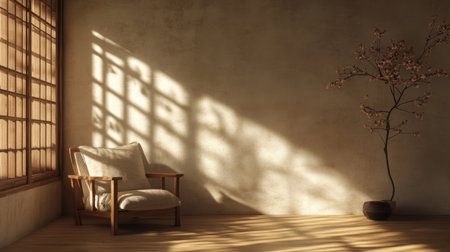 A tranquil interior scene featuring a wooden chair bathed in soft sunlight. A simple plant adds a touch of nature, creating a serene atmosphere in the minimalist space.の素材