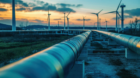A stunning sunset landscape featuring a pipeline leading to wind turbines, highlighting the intersection of nature and energy technology in a serene atmosphere.の素材