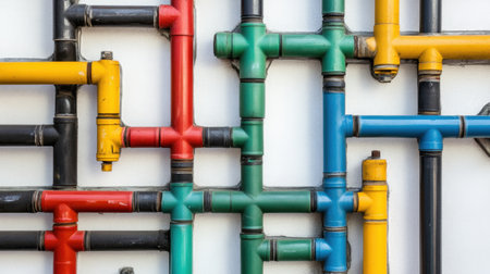 Vivid arrangement of colorful pipes on a wall, showcasing an industrial design. This image captures unique patterns and bright colors for creative applications.の素材