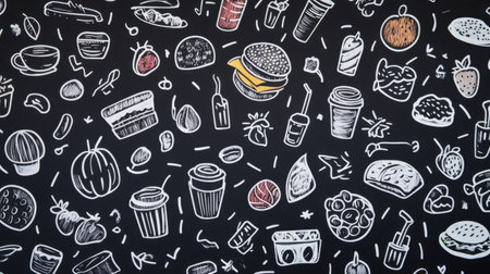 A vibrant hand-drawn collection of food and drink illustrations on a black background, showcasing a variety of snacks, desserts, and beverages in a playful doodle style.の素材