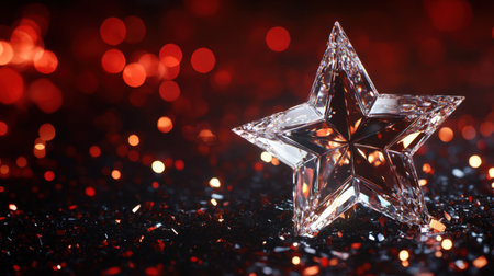 A mesmerizing crystal star ornament shines against a backdrop of red and black glitter. Perfect for festive decorations, this elegant piece adds charm to any celebration.の素材