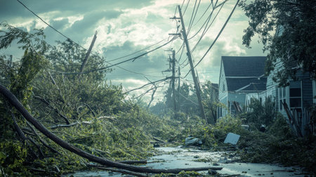 A haunting scene depicting the aftermath of a natural disaster, featuring downed power lines, uprooted trees, and debris scattered across a neighborhood.の素材