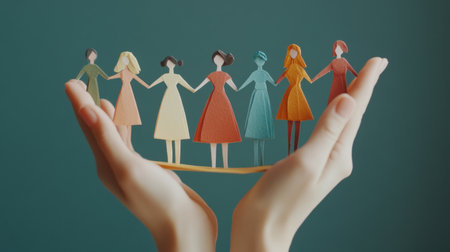 A pair of hands supports colorful paper figures representing women, symbolizing unity and empowerment. This artwork emphasizes diversity, friendship, and collaboration among women.の素材