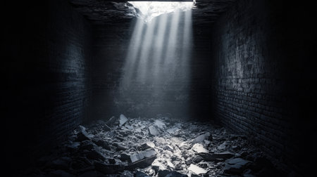An atmospheric underground room featuring scattered rubble and penetrating light rays from above, creating a dramatic and mysterious scene. Perfect for conveying themes of hope and decay.の素材