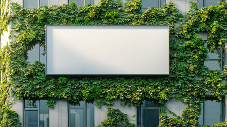 A captivating urban scene featuring a green wall covered in ivy with a blank billboard, ideal for advertising space, offering a blend of nature and modern architecture.の素材