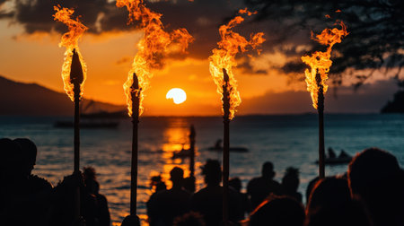Vibrant torches illuminate the shoreline with their warm flames as the sun sets on the horizon, creating a serene and magical atmosphere. Perfect for travel and adventure themes.の素材