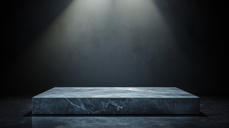 A minimalist showroom featuring a stone plinth illuminated by dramatic spotlighting. The empty space creates a striking visual effect perfect for presentations and exhibitions.の素材