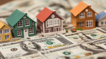 Miniature houses in various colors placed atop a background of dollar bills symbolize the intersection of real estate investment and financial growth.の素材