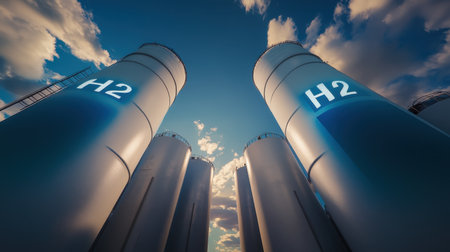 Dramatic view of large industrial hydrogen storage tanks against a vibrant sky. The image represents the future of clean energy and sustainable technology.の素材