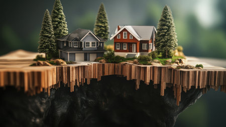 This captivating image features a miniature model of houses set on a floating landscape with lush trees, showcasing a surreal and idyllic scene that inspires creativity.の素材