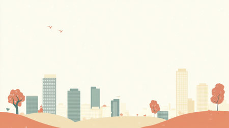 Explore a minimalist urban skyline featuring autumn trees and soft colors. This serene illustration captures a peaceful city scene perfect for backgrounds or creative projects.の素材