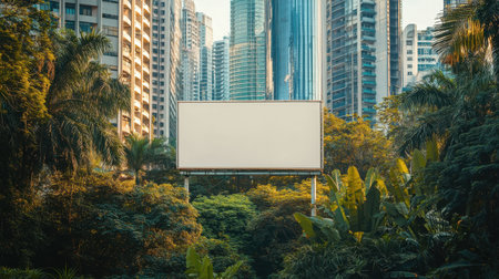 A captivating image of a blank billboard nestled in lush greenery, surrounded by towering skyscrapers. This scene highlights the contrast between urban architecture and nature.の素材