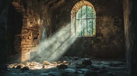 Mysterious light beams illuminate a neglected stone room, capturing the essence of abandonment and tranquility, with nature gently reclaiming the space.の素材