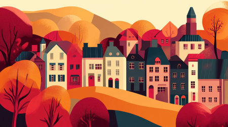 A vibrant illustration depicting a charming village surrounded by colorful autumn trees and rolling hills. This artwork captures the warmth and beauty of the season.の素材