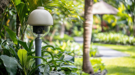 A stylish outdoor surveillance camera blends seamlessly into a lush garden, providing security without disrupting the natural beauty. Ideal for private properties.の素材