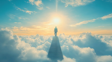 A lone man stands on a staircase made of clouds, gazing towards a radiant sun. This surreal and inspirational scene captures the essence of a hopeful journey and infinite possibilities.の素材