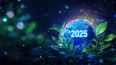 A captivating depiction of Earth with vibrant greenery and the year 2025. Ideal for themes of sustainability, hope, and the future of our planet.の素材