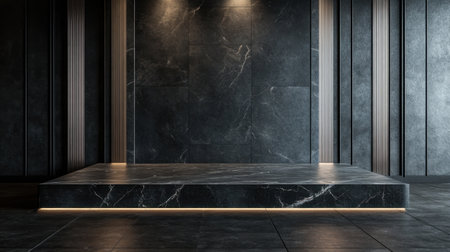 A sophisticated dark marble interior featuring a sleek stage with modern lighting. Ideal for showcasing art or products in an elegant environment.の素材