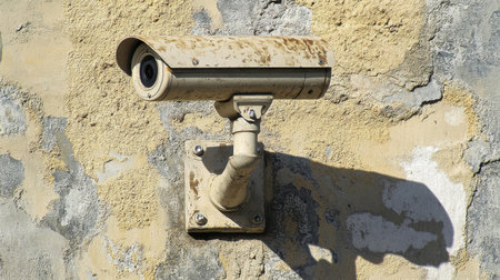 A weathered CCTV camera mounted on a textured wall, showcasing urban security technology. Ideal for themes of protection, surveillance, and safety in public spaces.の素材
