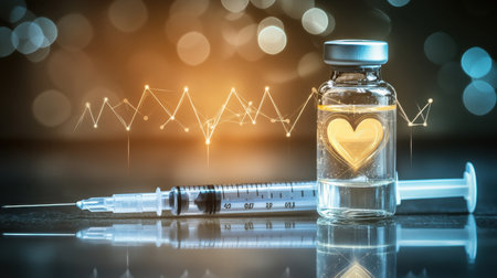 A syringe and vial containing a liquid with a heart symbol, on a glowing background with abstract light effects, representing care and health innovations.の素材