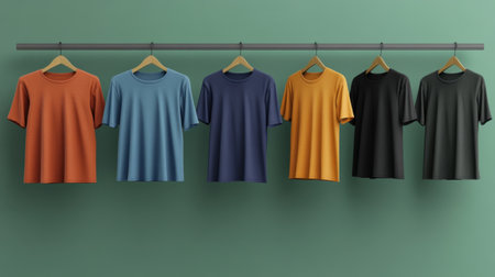 A vibrant display of colorful t-shirts hanging neatly on a rack against a stylish green backdrop. Ideal for fashion and retail concepts.の素材