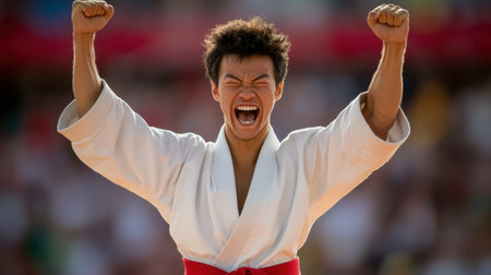 A young male martial artist joyfully celebrates a victorious moment in a judo competition, showcasing intense emotions and the spirit of triumph and hard work.の素材