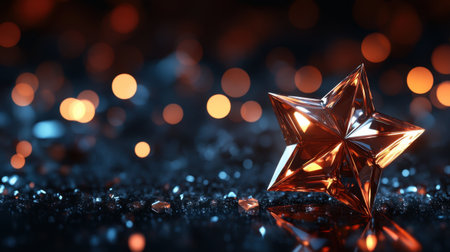 A stunning image of a shimmering star ornament resting on a glittering surface with captivating bokeh lights. Ideal for festive and decorative themes.の素材