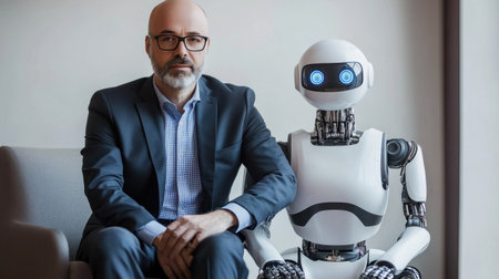 A businessman and a humanoid robot sit together in a modern office, showcasing the blend of technology and human interaction in a professional environment.の素材