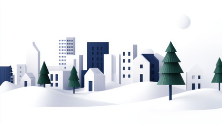 A minimalist winter landscape featuring geometric buildings, tall trees, and a snowy foreground. This serene scene captures the essence of a peaceful urban winter day.の素材