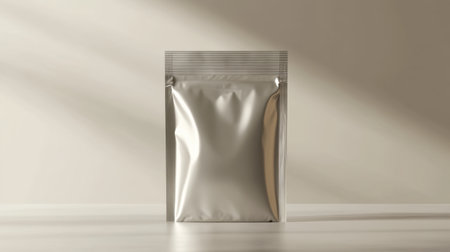 A sleek metallic packaging bag sits on a wooden surface, illuminated by soft natural light. Ideal for showcasing product design or branding concepts in a minimalist style.の素材
