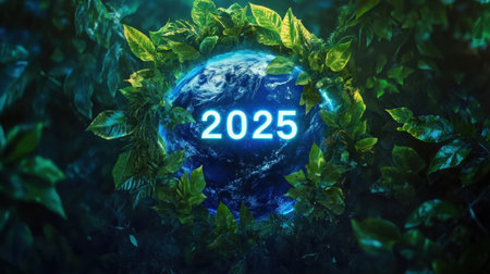A captivating image of Earth framed by vibrant green leaves, with the year 2025 glowing prominently. This artwork symbolizes sustainability, hope, and a healthy planet.の素材