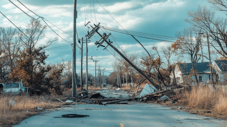 A haunting scene of devastation showing downed power lines and debris in a deserted street after a natural disaster, highlighting the impact on the community and environment.の素材