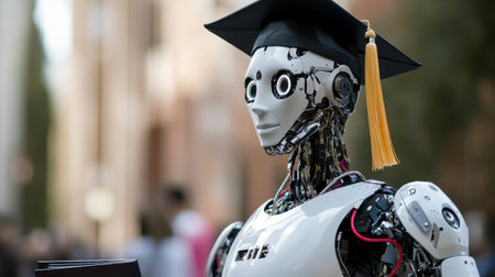 This image features a robotic figure dressed in graduation attire, symbolizing the blend of technology and education, representing innovation and future aspirations.の素材