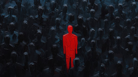 A striking image of a singular red figure standing alone amidst a dark crowd of indistinct silhouettes, symbolizing isolation and individuality in a monochromatic space.の素材