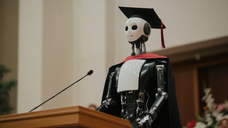 A humanoid robot in a graduation cap and gown delivers a speech during a formal ceremony. The scene captures the intersection of technology and education, highlighting advancements in robotics.の素材