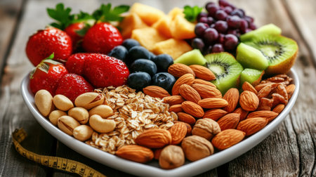 A vibrant bowl filled with an assortment of fresh fruits and nuts. Perfect for healthy snacking, this colorful display features strawberries, blueberries, kiwi, and almonds.の素材