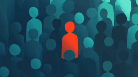 A striking visual of a unique individual highlighted in vibrant red among a sea of muted silhouettes, representing the themes of individuality and social dynamics.の素材