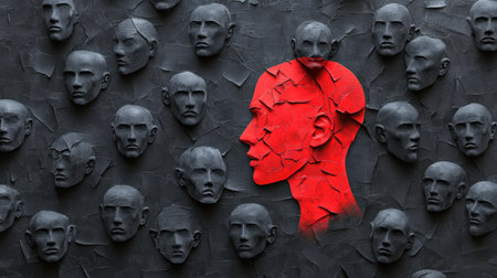 This striking artwork features a central red head amidst faceless sculptures, symbolizing individuality and the struggle for identity within a conformist society.の素材