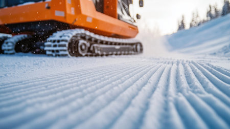 A snow groomer efficiently creates smooth tracks on a pristine winter landscape in the mountains, showcasing the beauty and tranquility of nature's snowy terrain.の素材