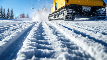 A snow groomer patterns the snowy landscape, creating smooth tracks under a bright blue sky. This image captures the essence of winter fun and adventure.の素材