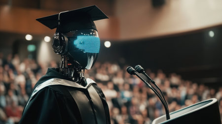 A futuristic robot in a graduation gown delivers a speech at a ceremony. The audience observes with interest, highlighting the blend of technology and education.の素材