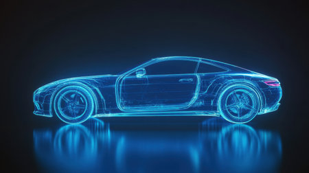 A stunning futuristic wireframe model of a car illuminated in neon blue. This digital illustration showcases modern design, technology, and sleek lines, perfect for various creative projects.の素材