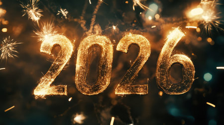 Celebrate the arrival of 2026 with this vibrant image featuring golden sparkles and fireworks, symbolizing joy, excitement, and new beginnings for the year ahead.の素材