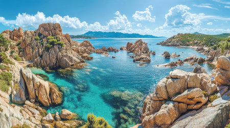 A breathtaking coastal scene featuring turquoise water and rugged rocky outcrops. The vibrant blues and greens create a serene atmosphere perfect for nature lovers and travelers.の素材