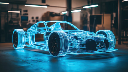 A digital illustration of a futuristic transparent car design, showcasing innovation in automotive technology with glowing lines and intricate details.の素材