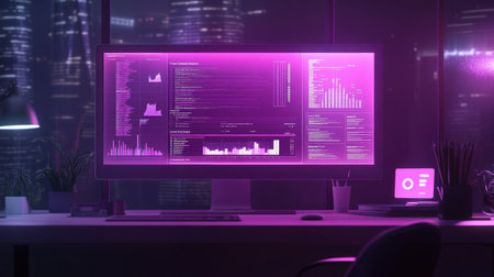 A sleek office desk featuring a data analysis monitor surrounded by ambient neon purple lighting, highlighting modern technology and data visualization.の素材