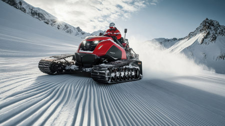 A snow groomer vehicle gracefully navigates snowy mountain slopes, showcasing its power and precision in maintaining winter terrain for outdoor enthusiasts.の素材